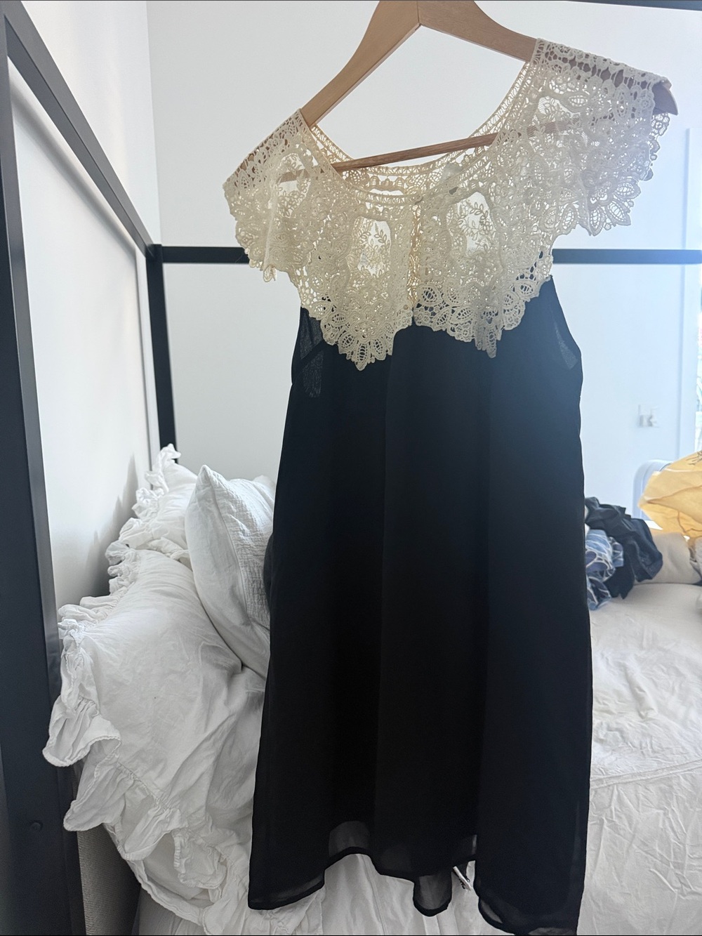 Lace Yoke Black Chemise with Cream Crochet Detail